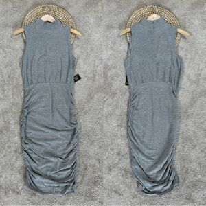 NWT Express Women’s Ribbed Mock Neck Body Contour Ruched Midi Dress in Gray S